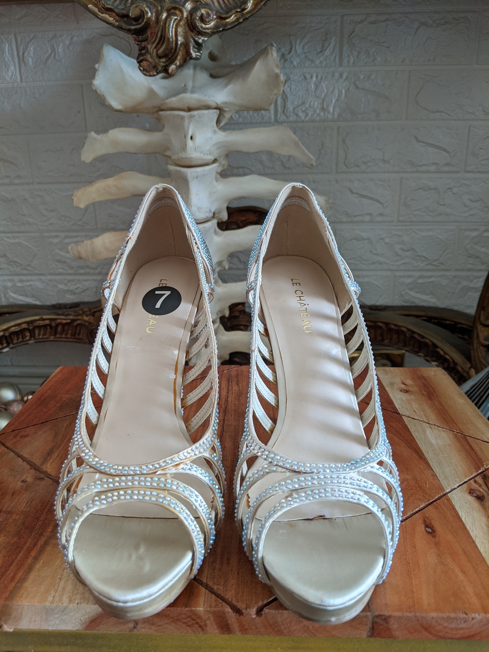 Le Chateau Women's Ivory Rhinestone Peep-Toe Heels Size 7